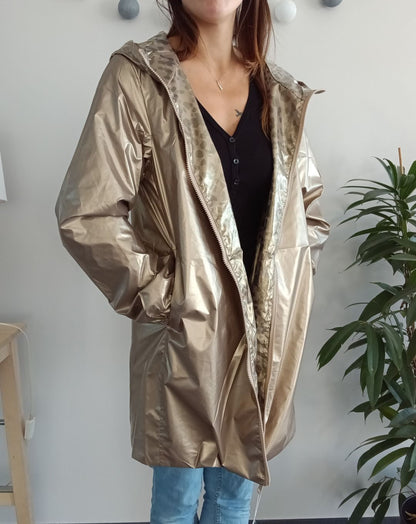 Melya Melody - Manteau long mi cuisses réversible et imperméable léger doré léopard