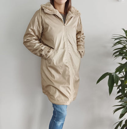 Melya Melody - Manteau long mi cuisses type ciré imperméable fourré réversible doré