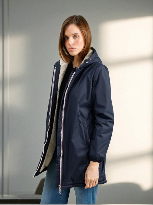 Laura Jo - Imperméable fourré long fausse fourrure bleu marine intérieur sherpa beige