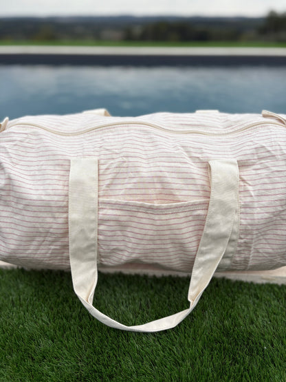Sac polochon week end de voyage en coton léger rayé beige rouge rose