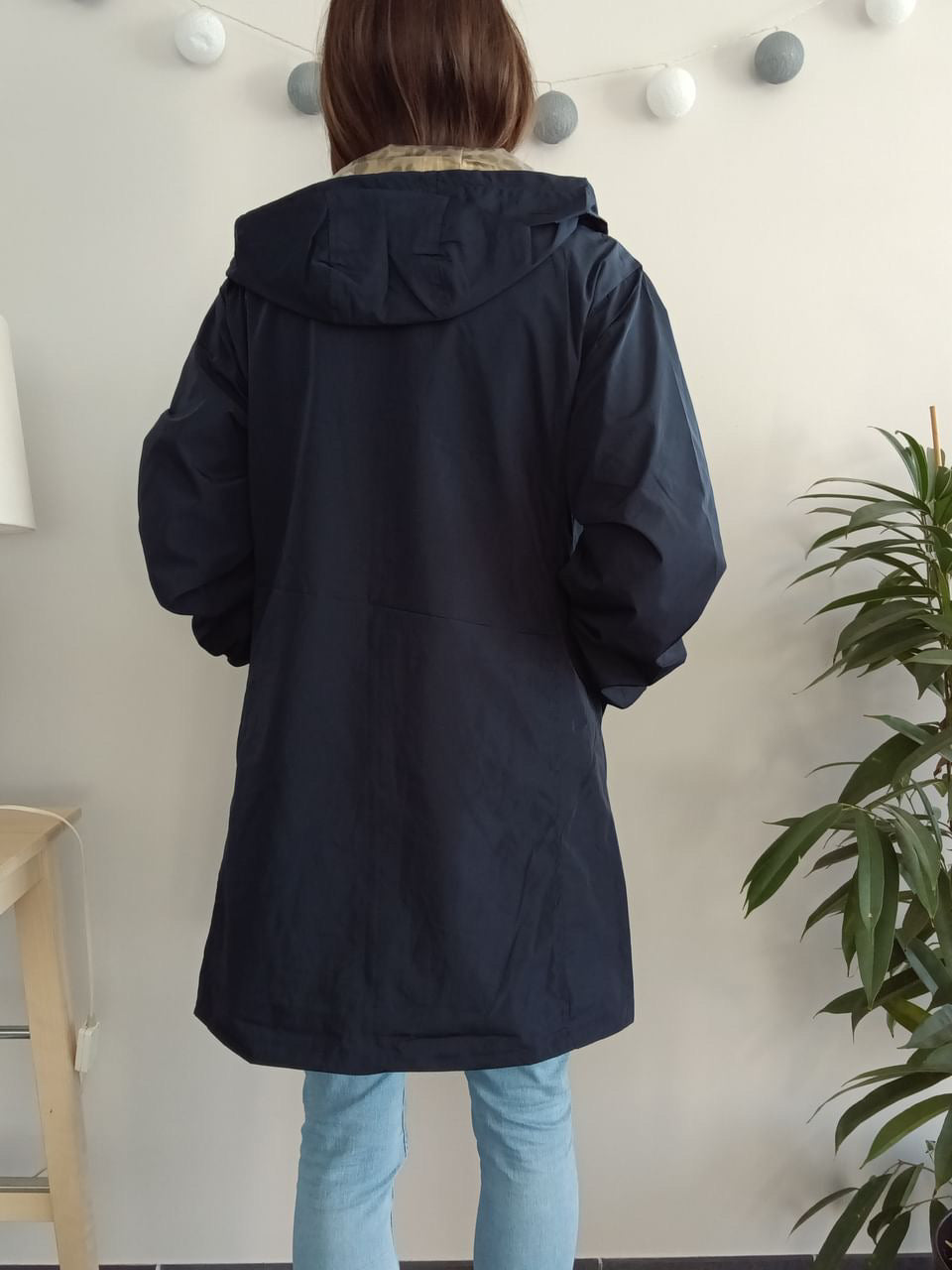 Melya Melody - Manteau long mi cuisses réversible et imperméable léger bleu marine doré léopard