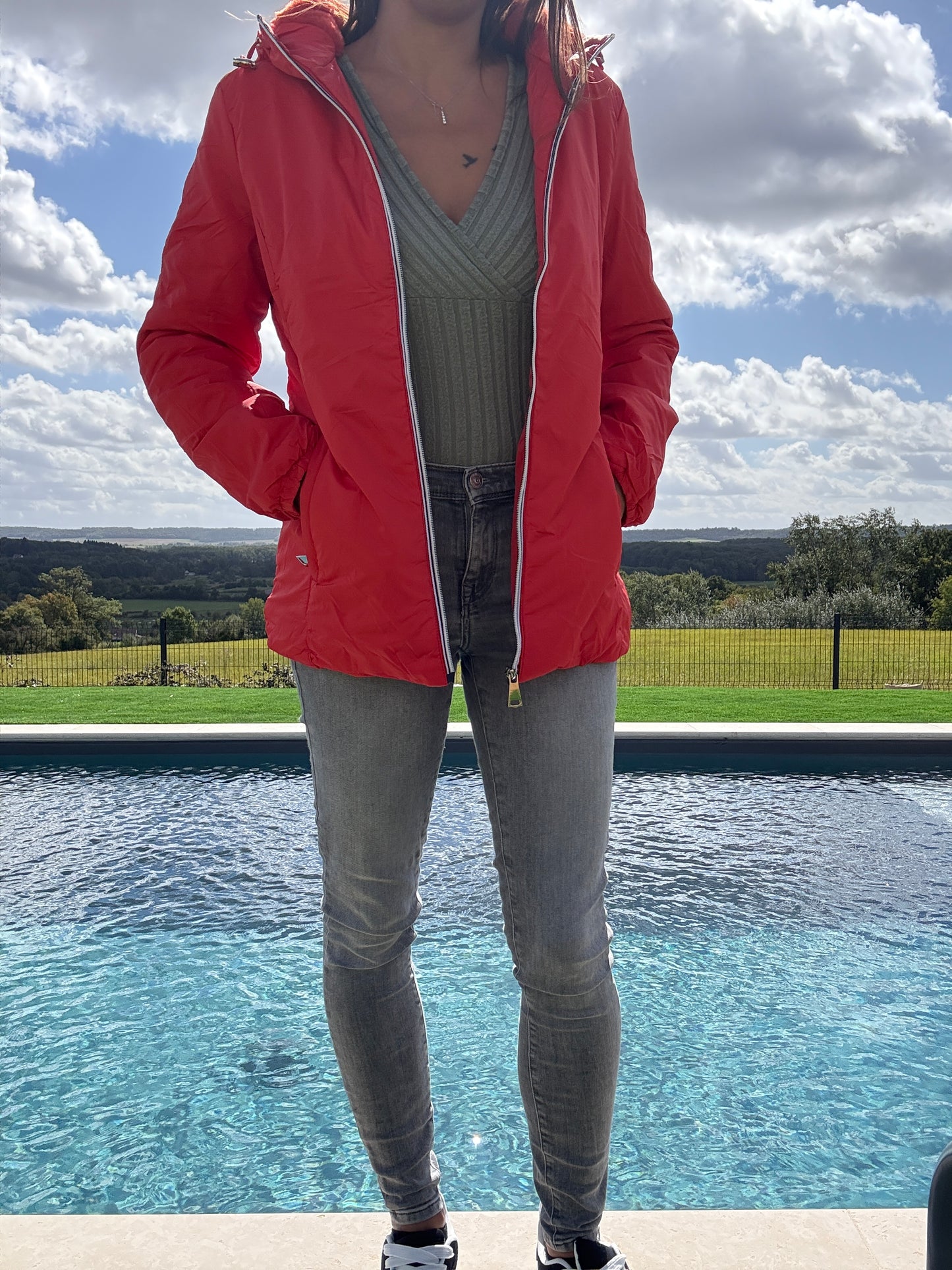 Melya Melody - Manteau court fourré imperméable légerement cintré corail