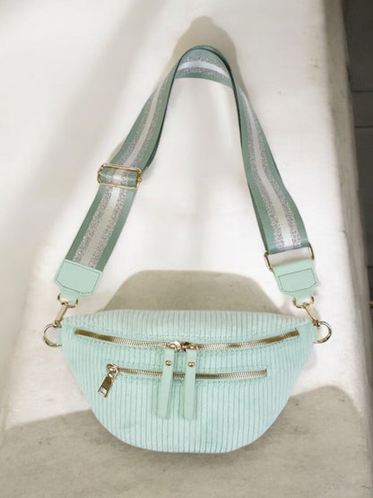 Sac banane velours côtelé 2 poches vert/bleu sangle fantaisie