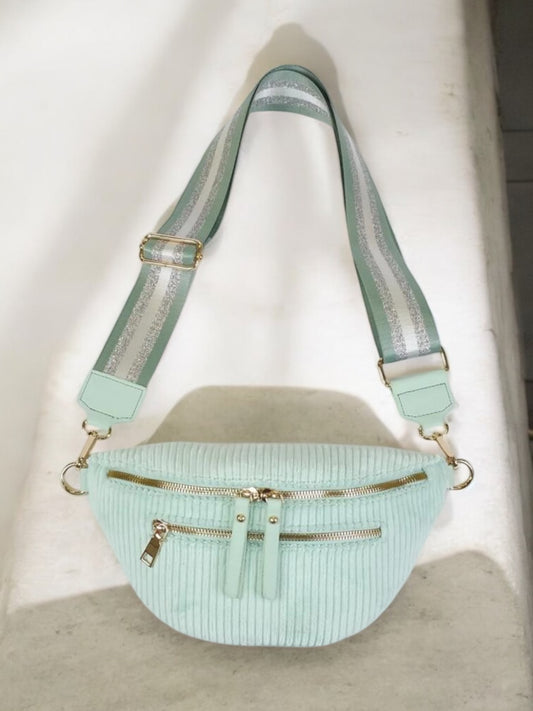 Nouveautés - Sac banane velours côtelé 2 poches vert pastel sangle fantaisie