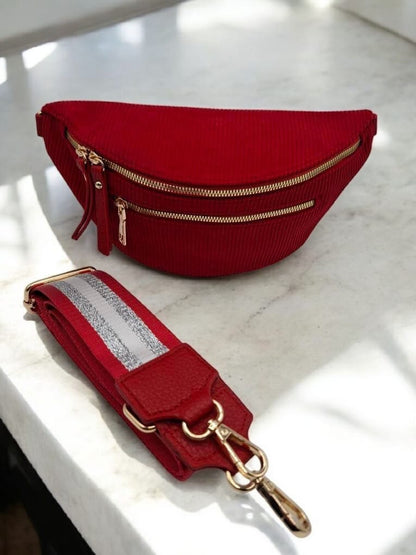 Sac banane velours côtelé 2 poches rouge sangle fantaisie