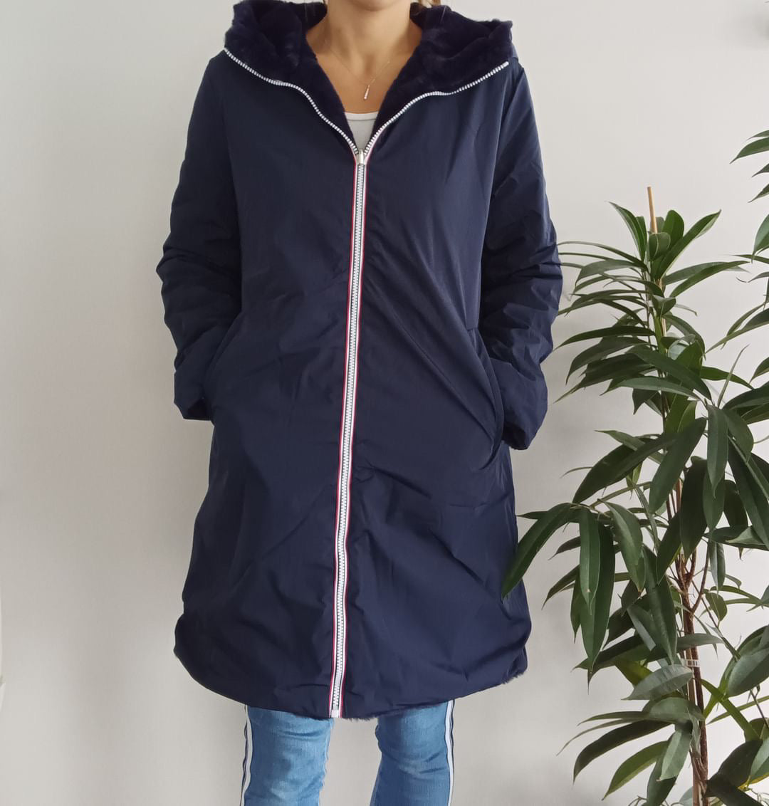 Melya Melody - Manteau long fourré fausse fourrure réversible imperméable bleu marine