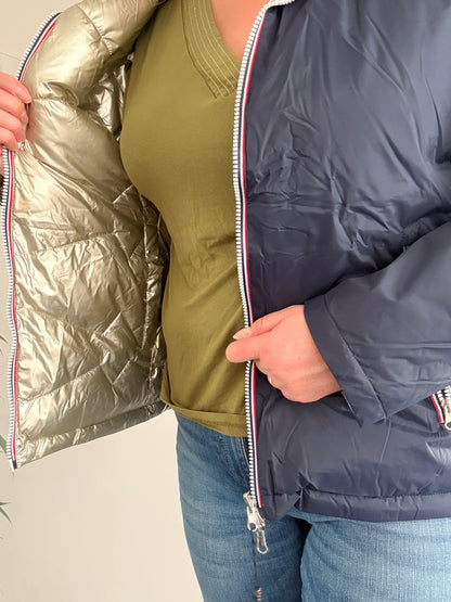 Laura Jo - Manteau doudoune courte matelassé réversible imperméable bleu marine doré avec capuche