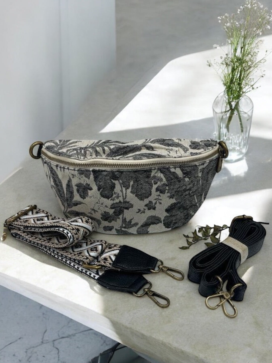 Sac banane tissu style toile de jouy noir creme - 2 sangles