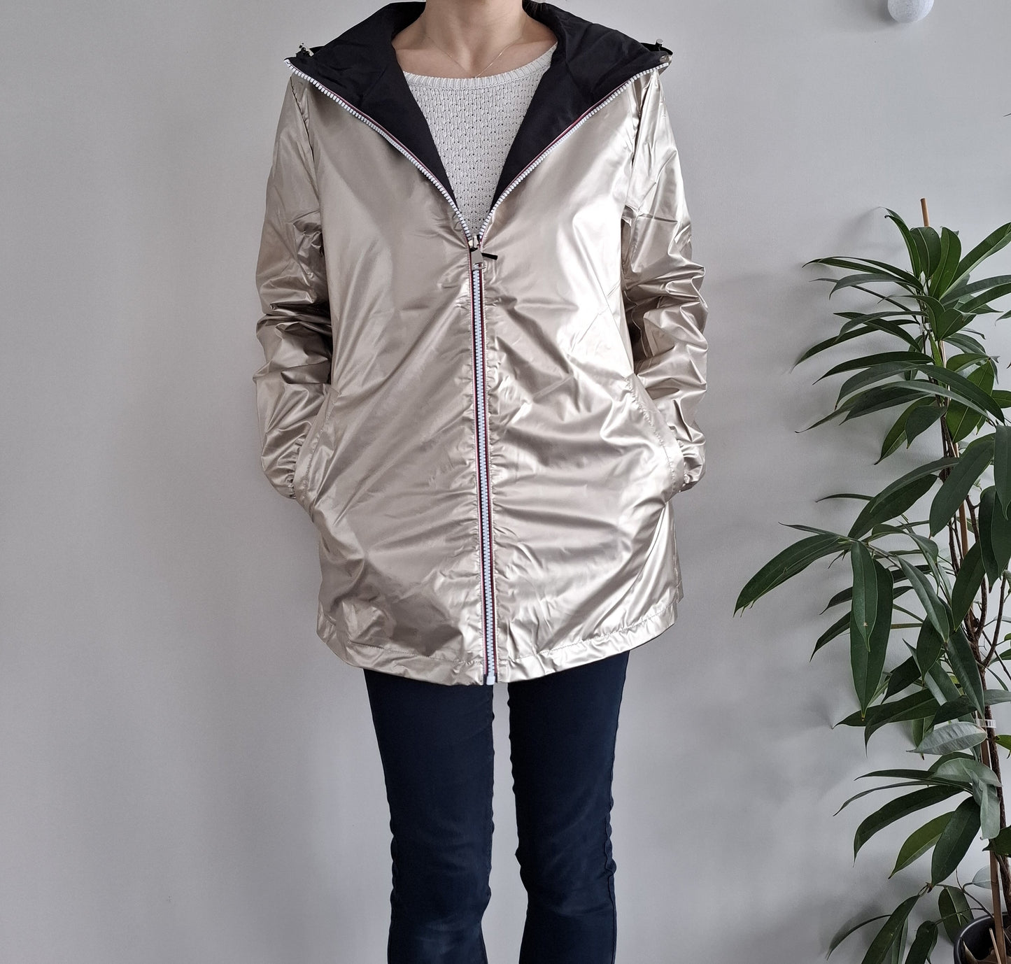 Manteau imperméable réversible mi-long léger Noir/doré