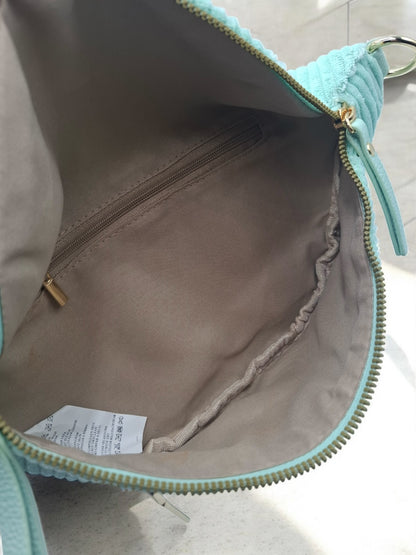 Sac banane velours côtelé 2 poches vert/bleu sangle fantaisie