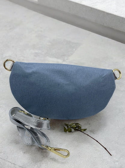 Sac banane tissu jean bandouliere grise en cuir