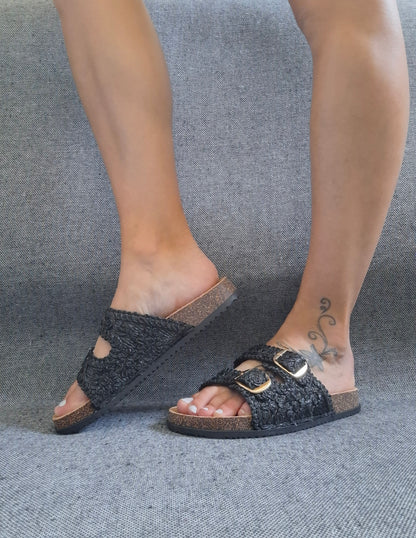 Chaussures sandales 2 brides effet paille noir avec boucles style Birk