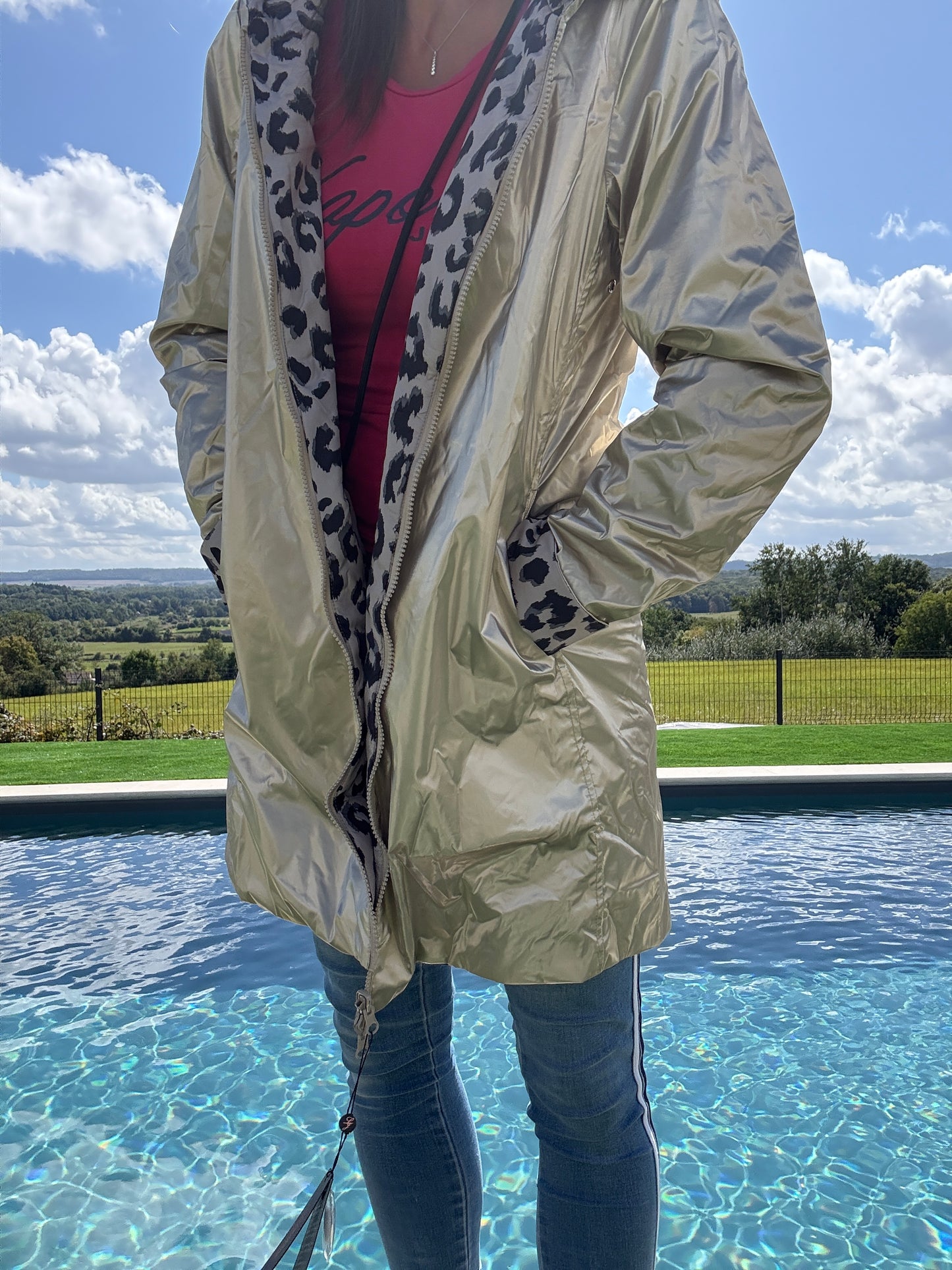 Laura Jo - Imperméable réversible long mi-saison garnissage ouate doré/léopard