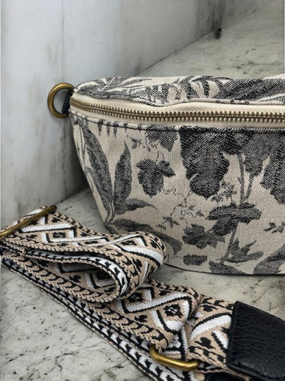 Sac banane tissu style toile de jouy noir creme - 2 sangles