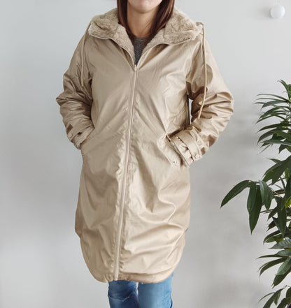 Melya Melody - Manteau long mi cuisses type ciré imperméable fourré réversible doré