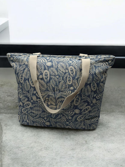 Sac cabas porté épaule coton imprimé toile de jouy feuilles bleues creme