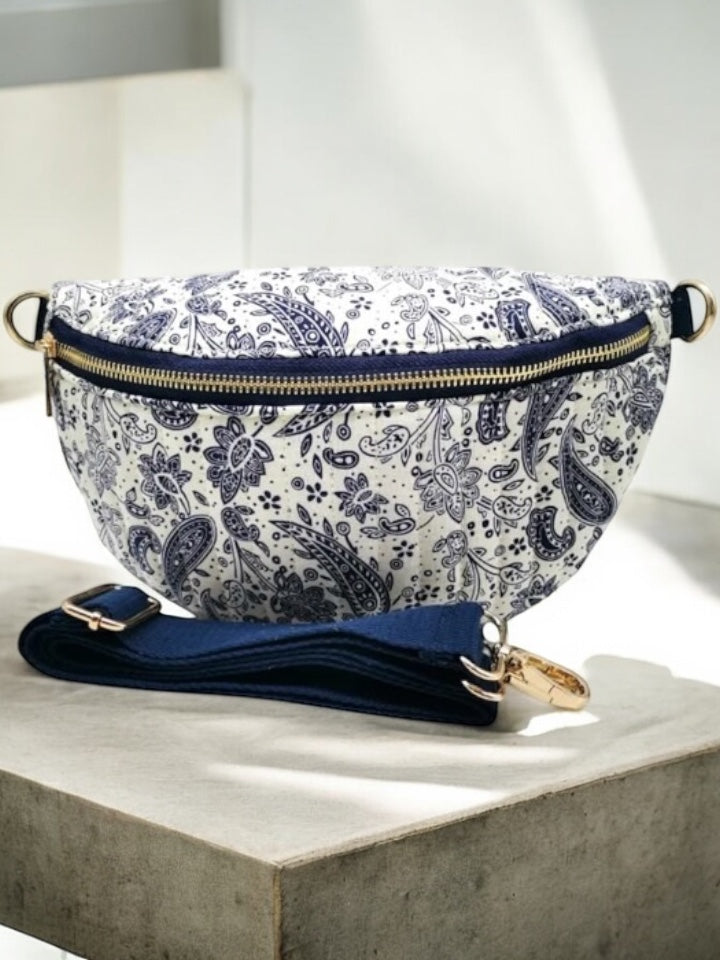 Nouveautés - Sac banane coton matelassé liberty motif paisley bleu marine