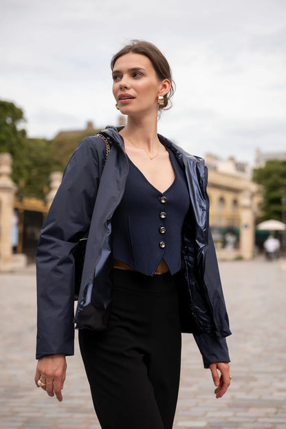 Laura Jo - Imperméable réversible court mi-saison avec garnissage ouate et zip uni (mat/brillant) bleu marine