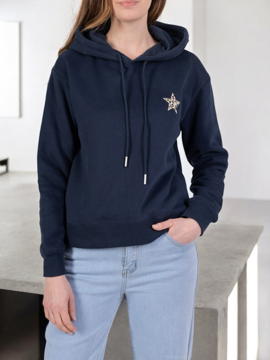 Sweat à capuche en coton bleu marine motif étoile léopard
