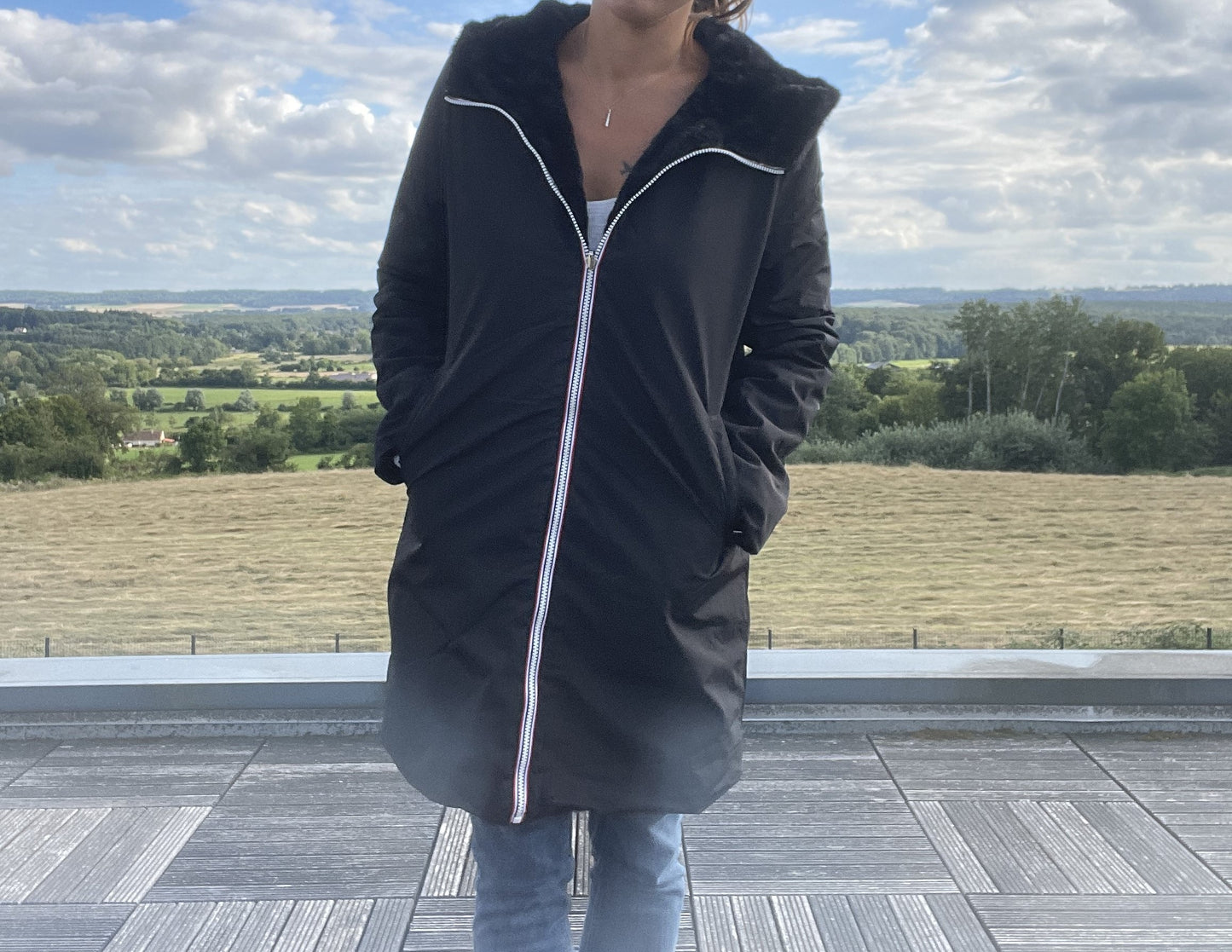 Melya Melody - Manteau long fourré fausse fourrure réversible imperméable noir - Curvy