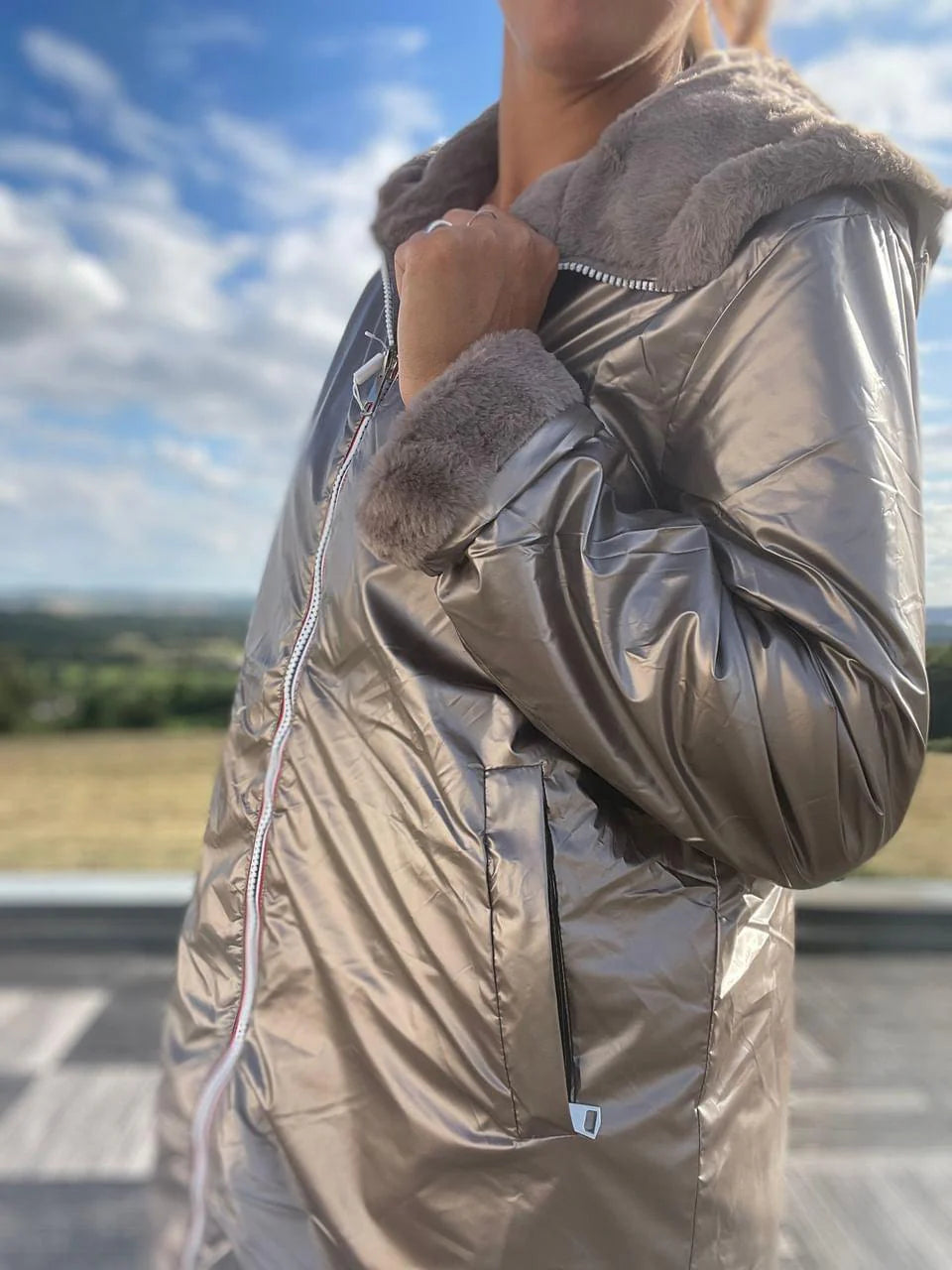 Melya Melody - Manteau long fourré fausse fourrure réversible imperméable bronze - Curvy