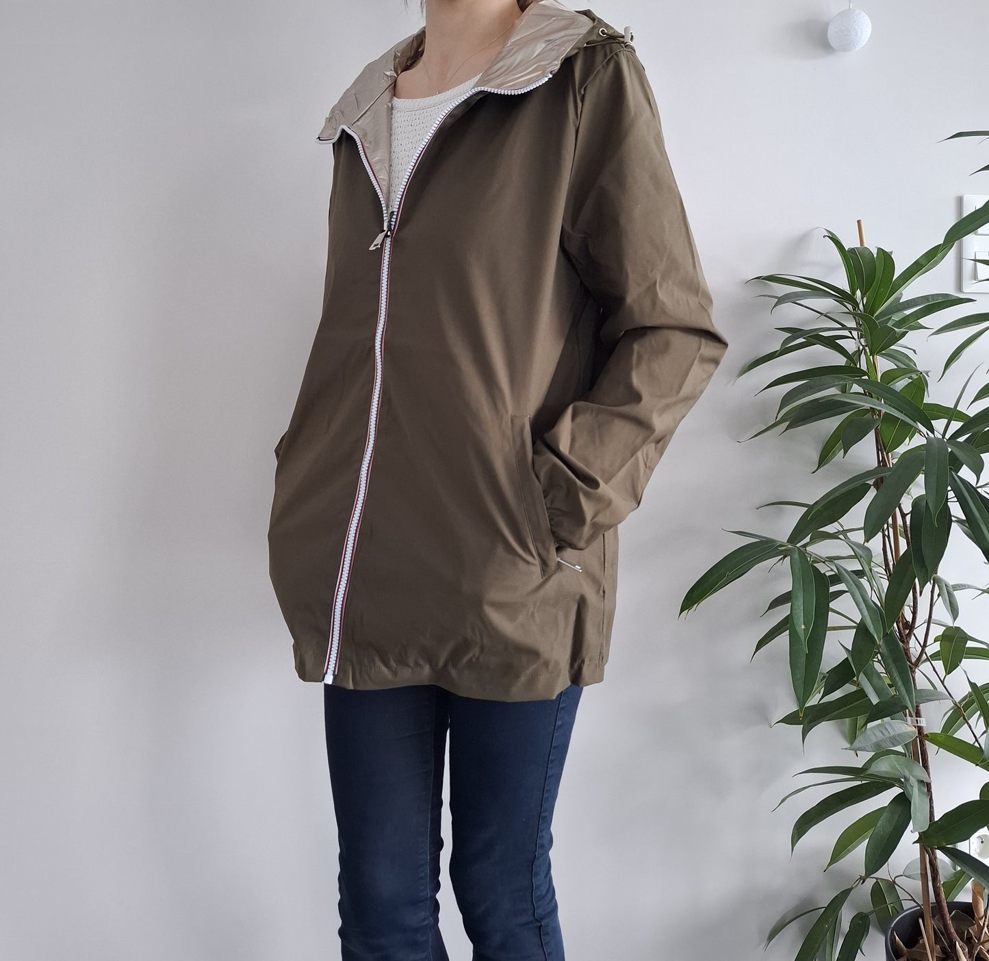 Manteau imperméable réversible mi-long léger Kaki/doré