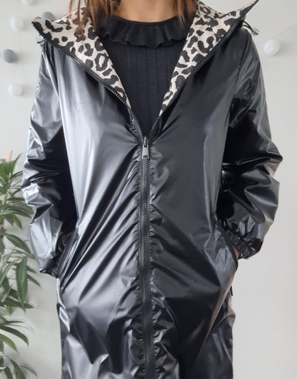 Attrait Paris - Manteau long sans ouate imperméable noir réversible avec motif léopard avec capuche