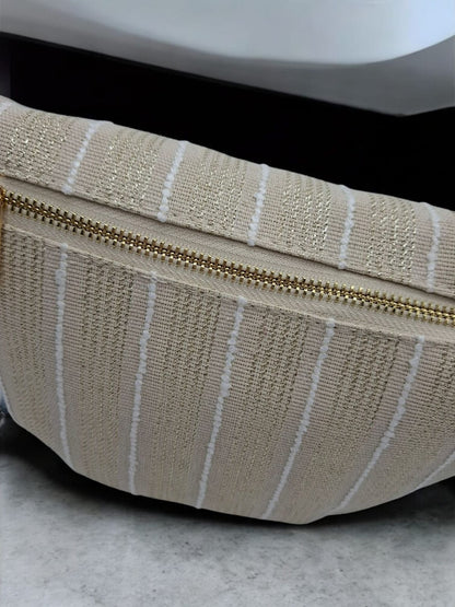 Sac banane en coton tissu bohème beige à rayures blanc doré