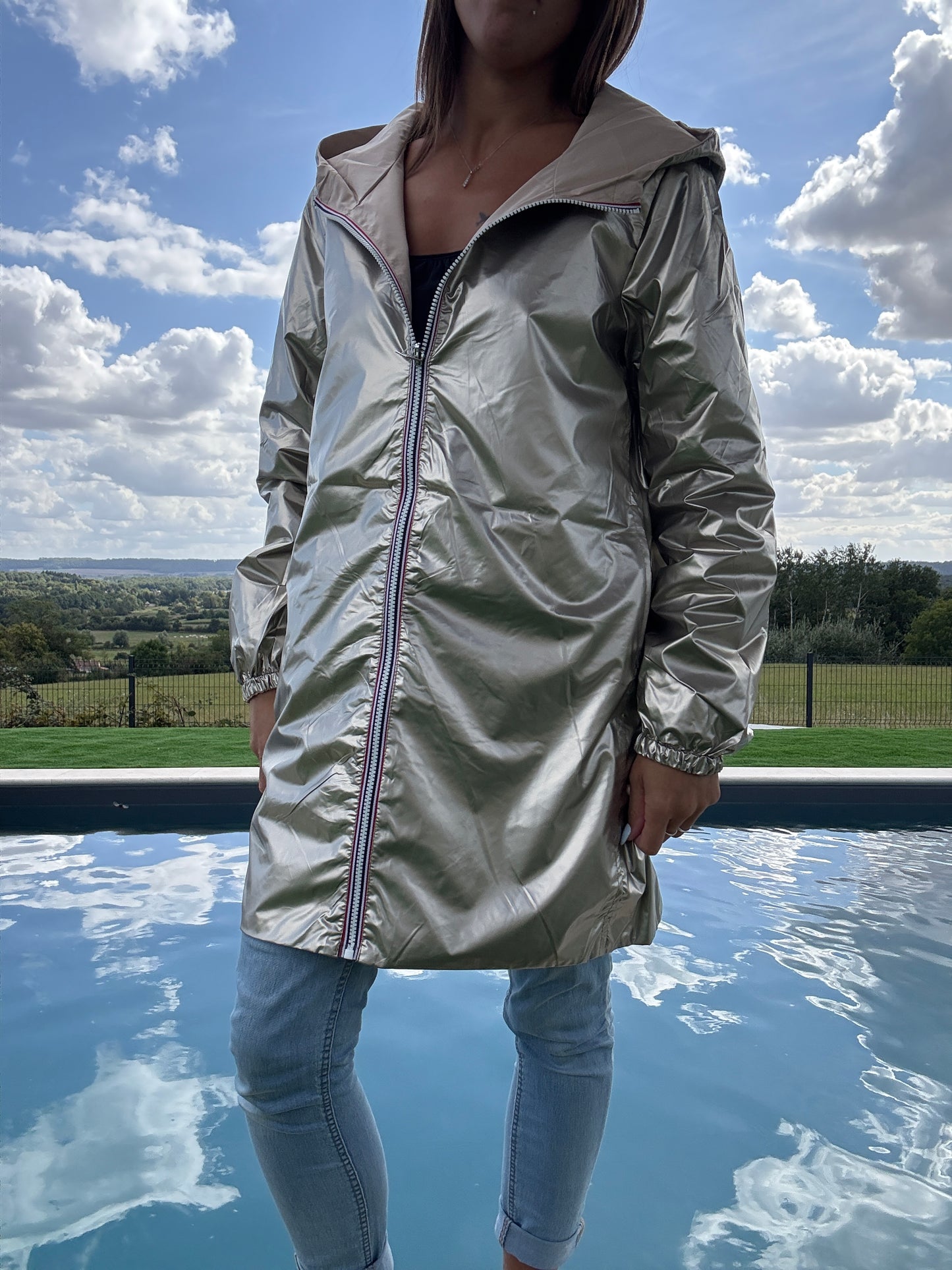Melya Melody - Manteau long réversible imperméable beige doré Curvy