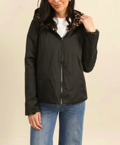 Laura Jo - Imperméable noir réversible léopard court mi-saison garnissage ouate