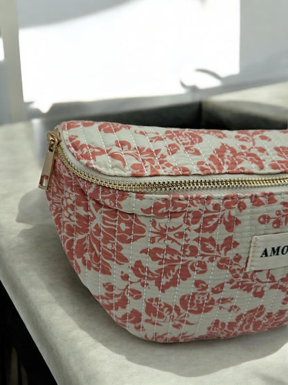 Sac banane coton matelassé blanc liberty fleuri corail creme