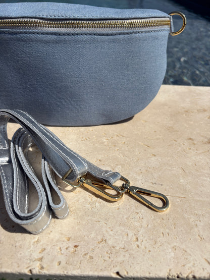 Sac banane tissu jean bandouliere grise en cuir