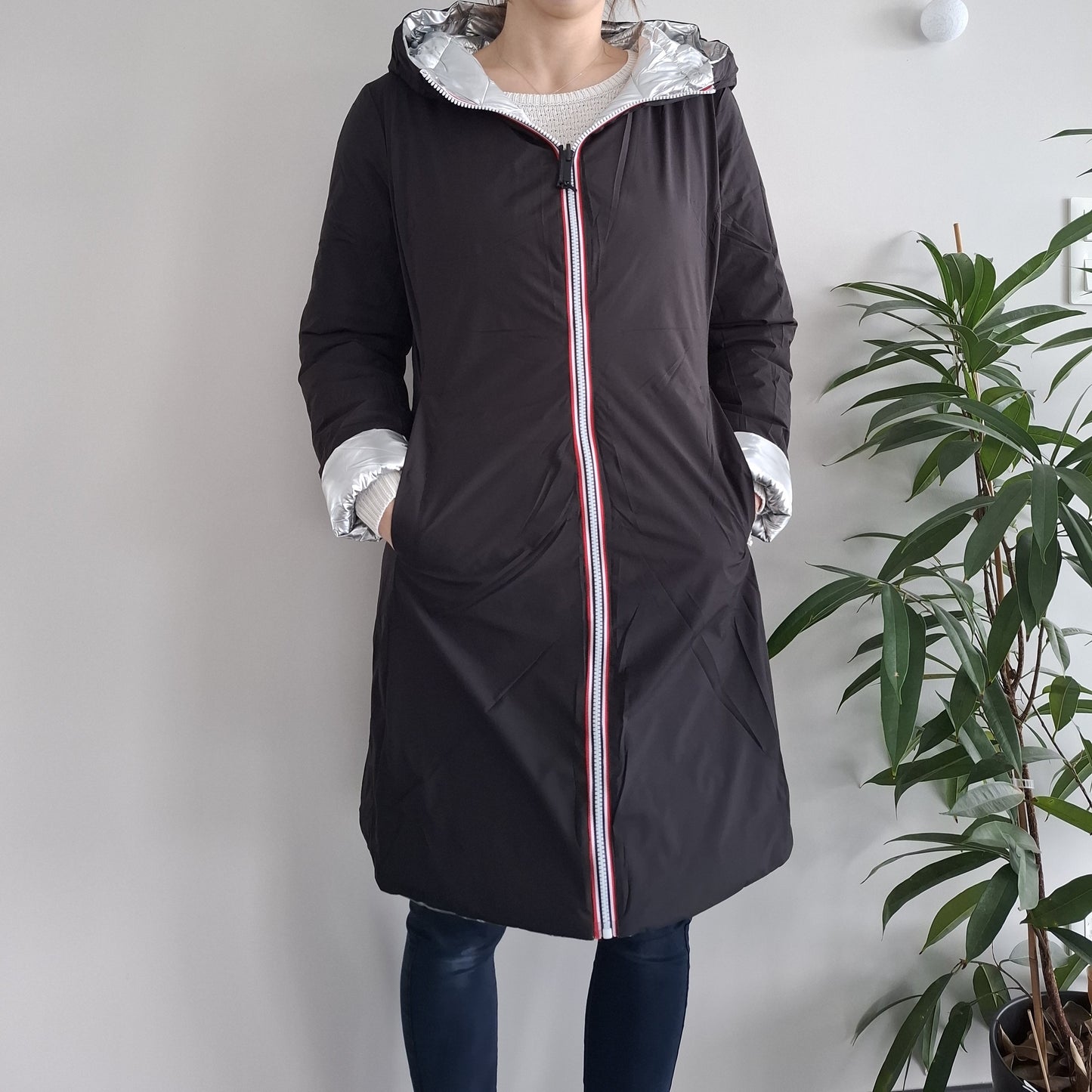 Doudoune manteau imperméable long noir réversible matelassé argenté