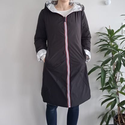 Doudoune manteau imperméable long noir réversible matelassé argenté