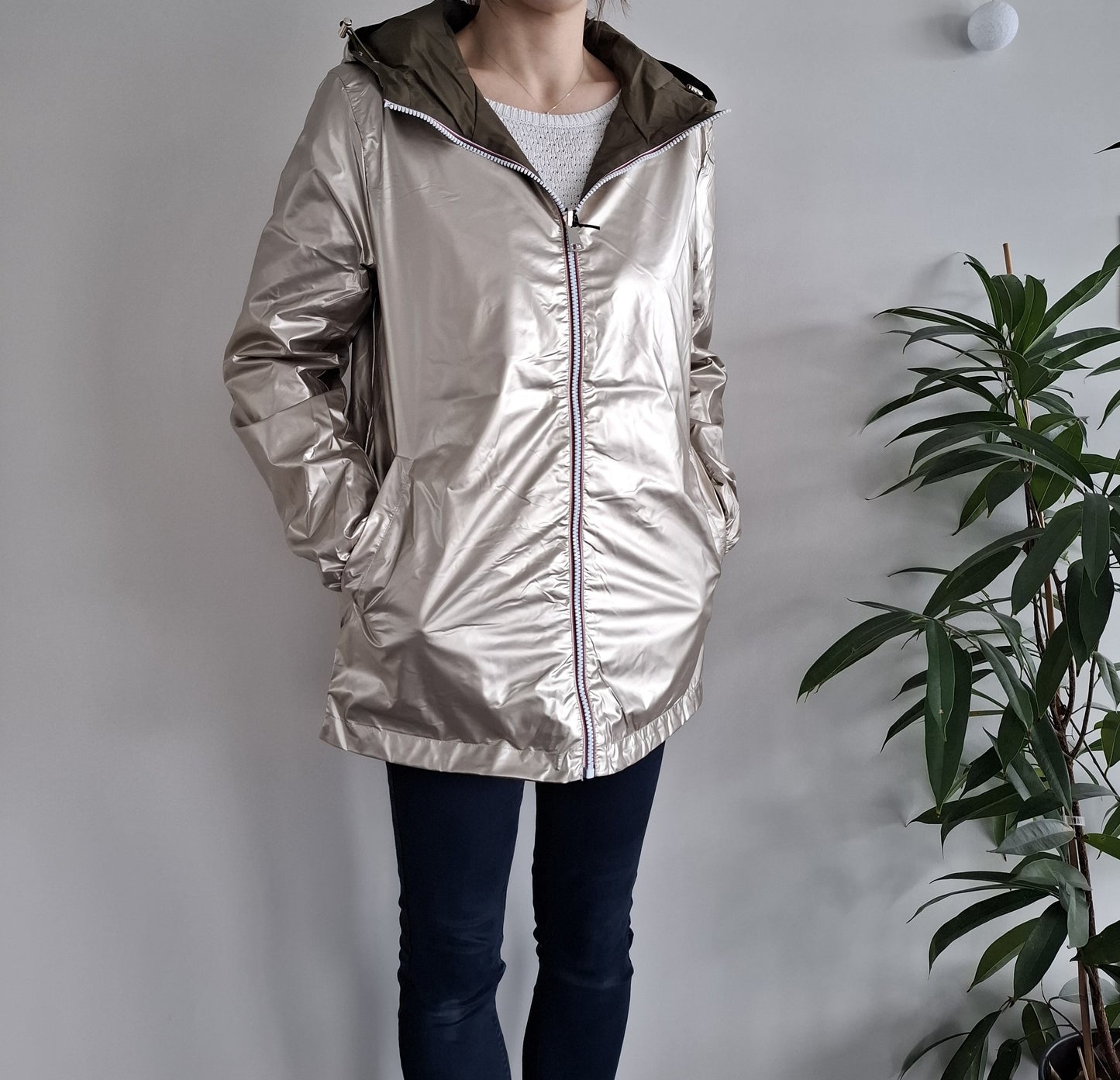 Manteau imperméable réversible mi-long léger Kaki/doré