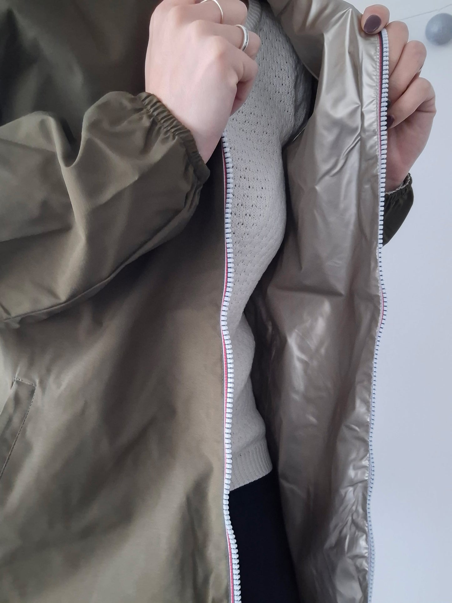 Manteau imperméable réversible mi-long léger Kaki/doré