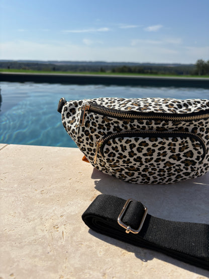 Sac banane en tissu imprimé léopard blanc 2 poches