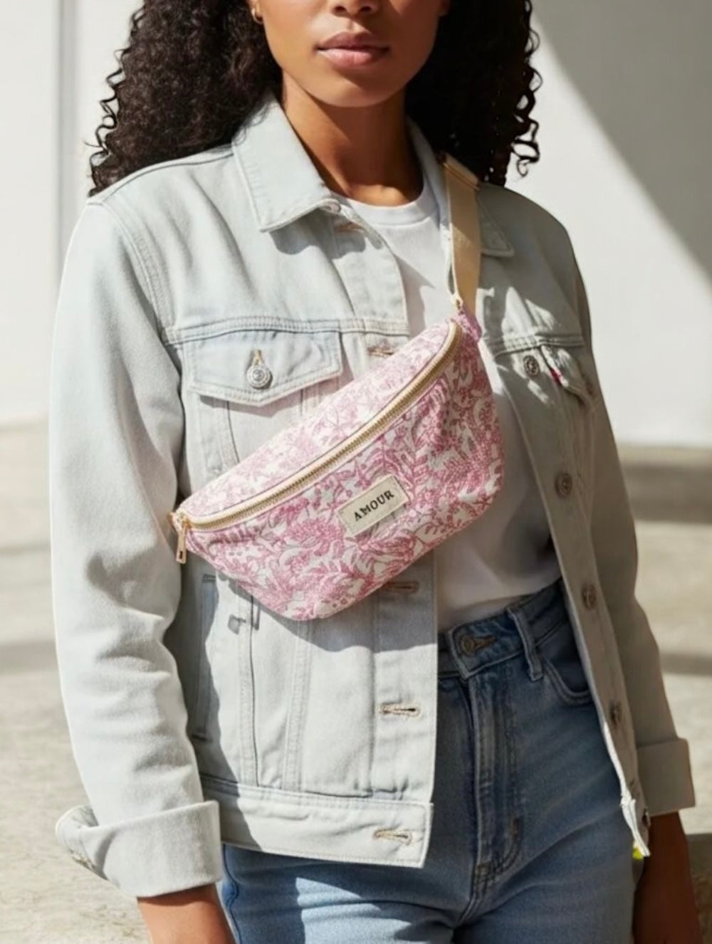 Sac banane coton liberty toile de jouy fleuri rose et blanc