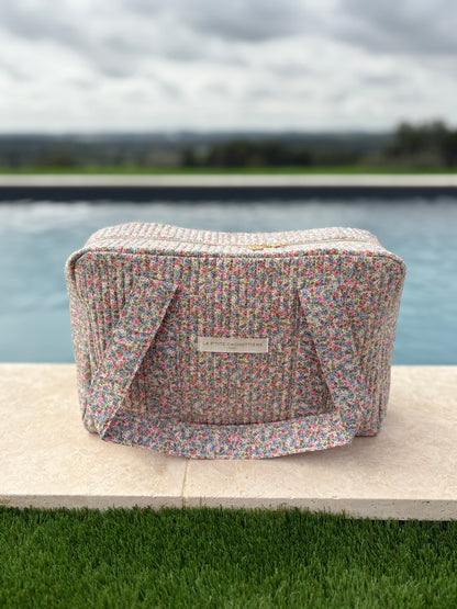 Sac week-end polochon en coton matelassé multicolore liberty fleuri rose bleu et blanc