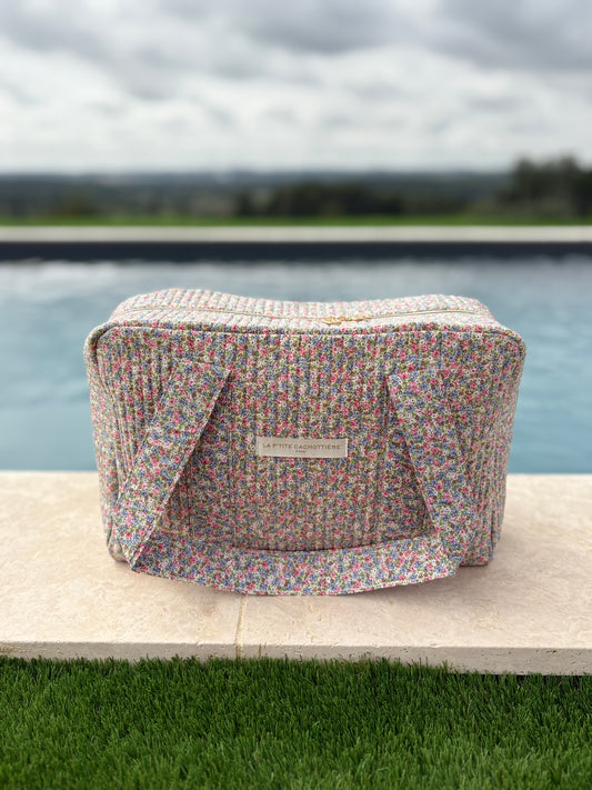 Sac week-end polochon en coton matelassé multicolore liberty fleuri rose bleu et blanc