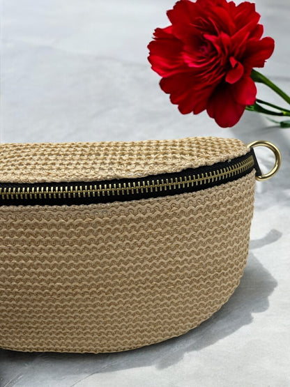 Sac banane tissu effet paille bandouliere noir en cuir