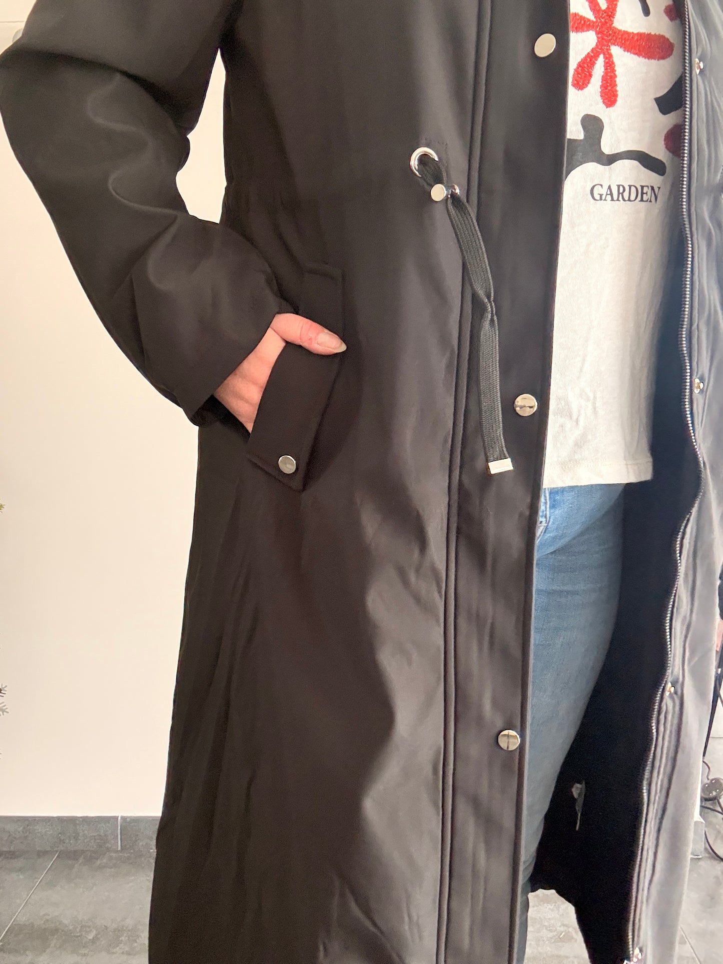 Manteau long imperméable fourré type trench ciré hauteur genoux noir - Curvy
