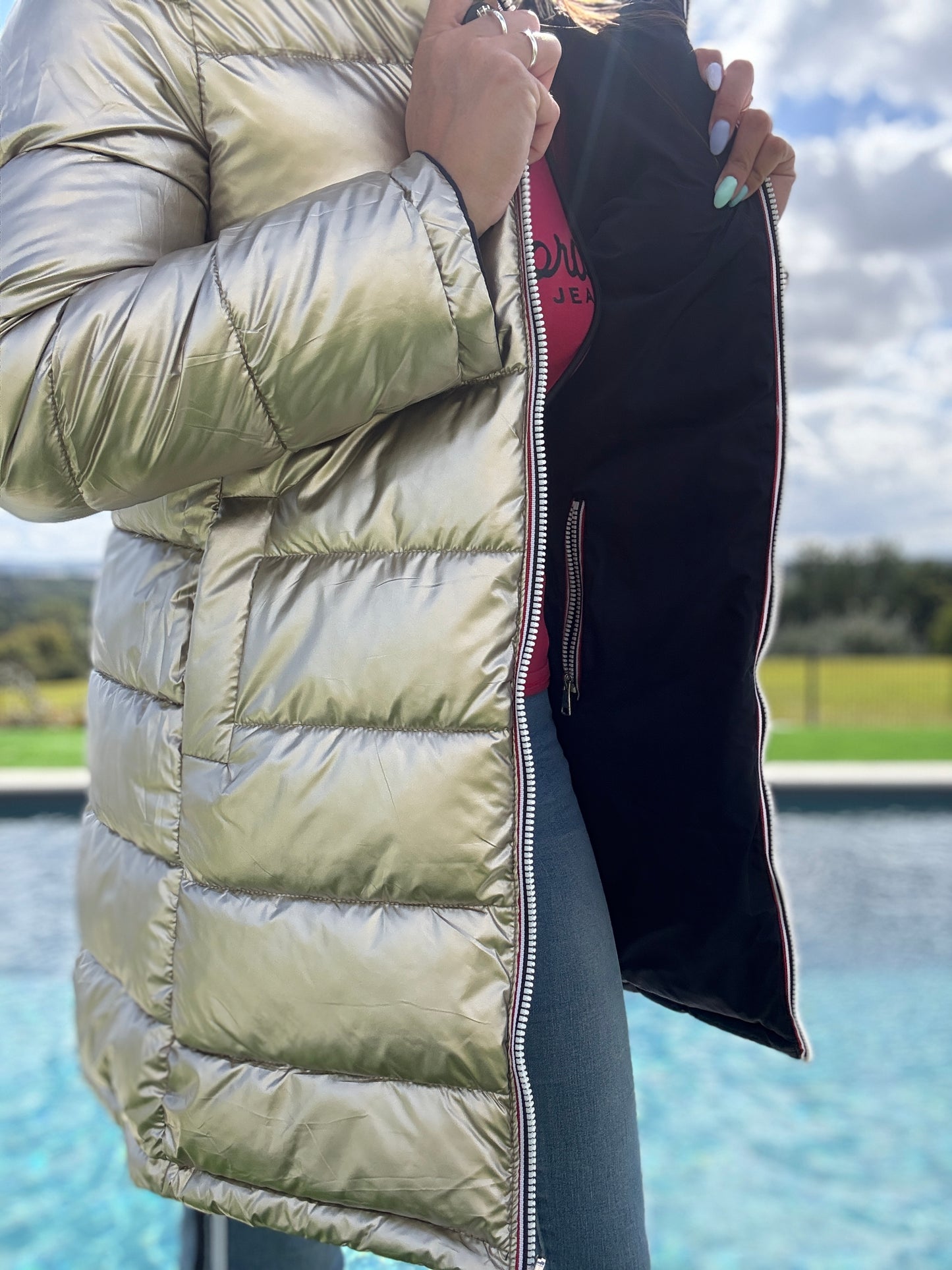 Melya Melody - Manteau long réversible et imperméable matelassé bleu marine doré