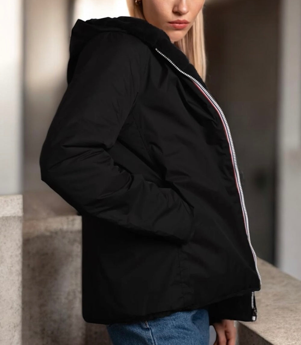 Laura Jo - Manteau imperméable court noir fourré et réversible