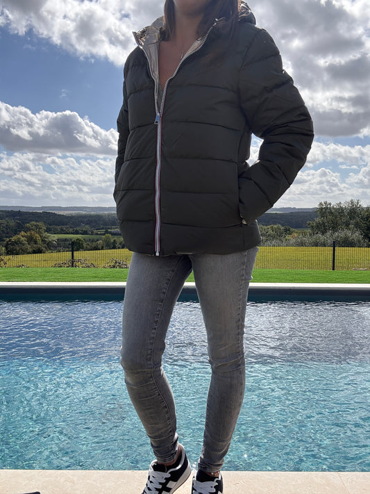 Doudoune manteau imperméable court réversible matelassé kaki doré