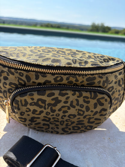 Sac banane en tissu imprimé léopard kaki 2 poches