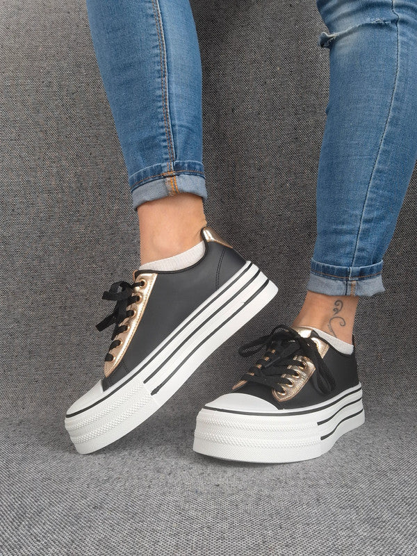 Chaussures baskets basses semelle compensée simili noir style converse