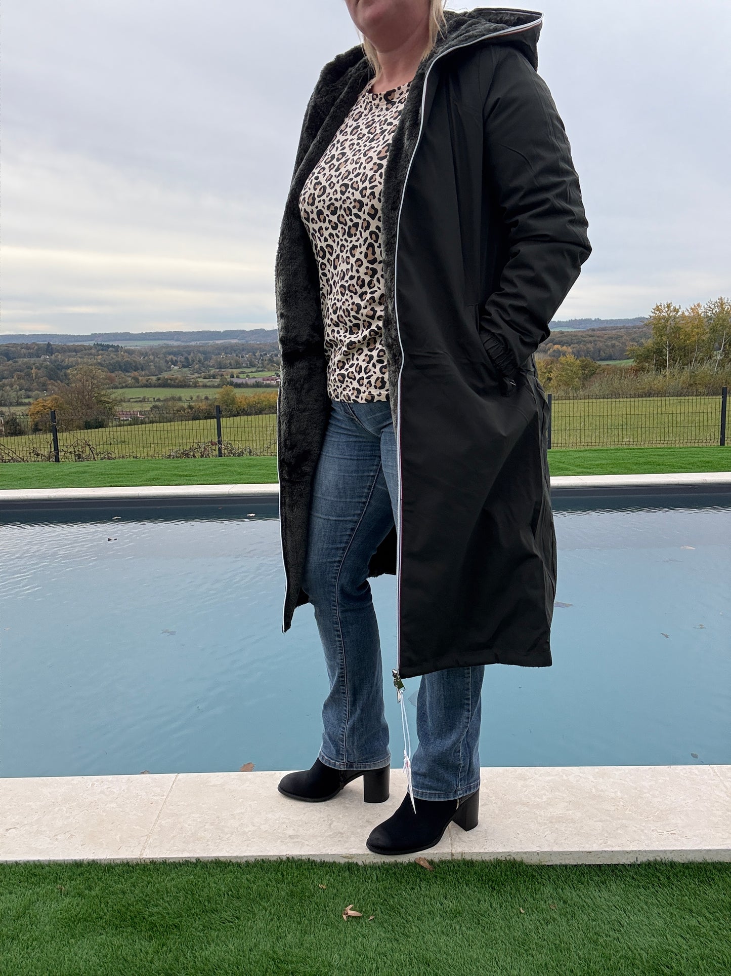 New Lolo - Manteau chaud long hauteur genoux kaki fourré complet réversible imperméable