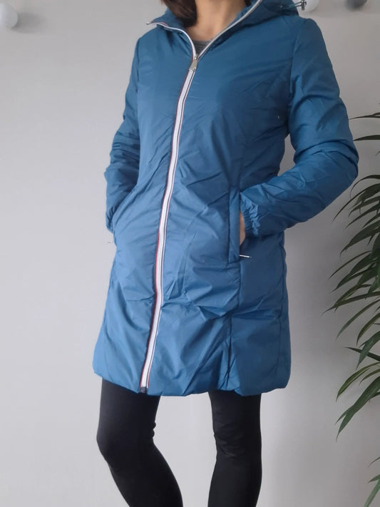 Melya Melody - Manteau long imperméable fourré fausse fourrure bleu canard