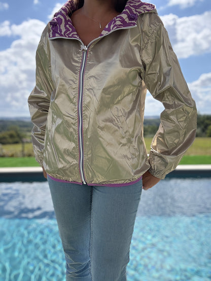 Escandelle - Manteau court haut des fesses imperméable zébré violet réversible doré